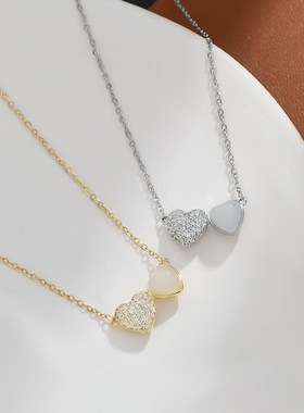 真金电镀微镶锆石气质锁骨链女小众设计感爱心吊坠项链精致毛衣链