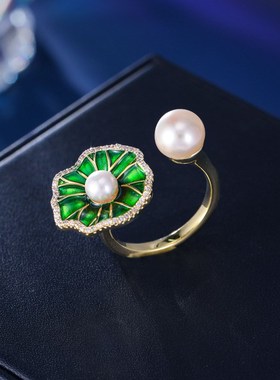 小众设计感气质个性食指戒开口可调高级感国潮新中式荷叶珍珠戒指