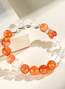 新品天然红胶花串珠手链女小众高级感新中式白水晶方糖手串