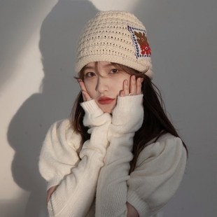 林同学韩国补丁手工针织盆帽复古秋冬保暖毛线渔夫帽男女潮水桶帽