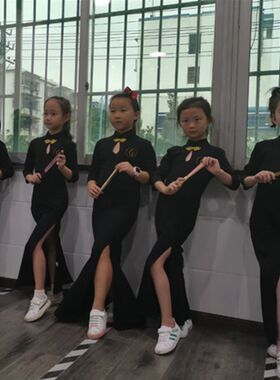 儿童形体礼仪训练服女童模特走秀长袖旗袍裙秋冬长款中国风演出服