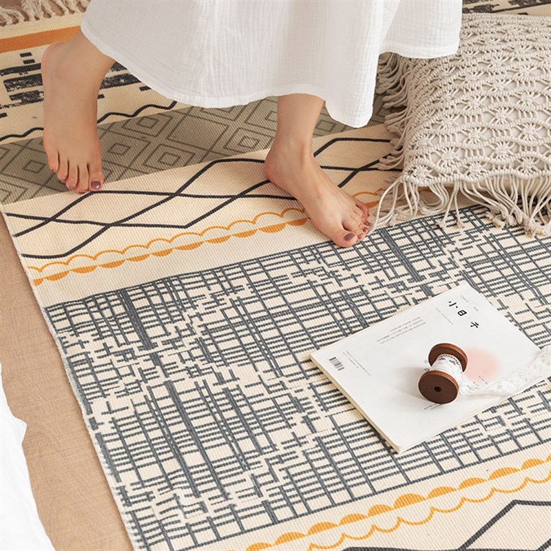 摩洛哥风棉麻流苏地垫简约卧室家用床边地毯客厅沙发茶几簇绒脚垫