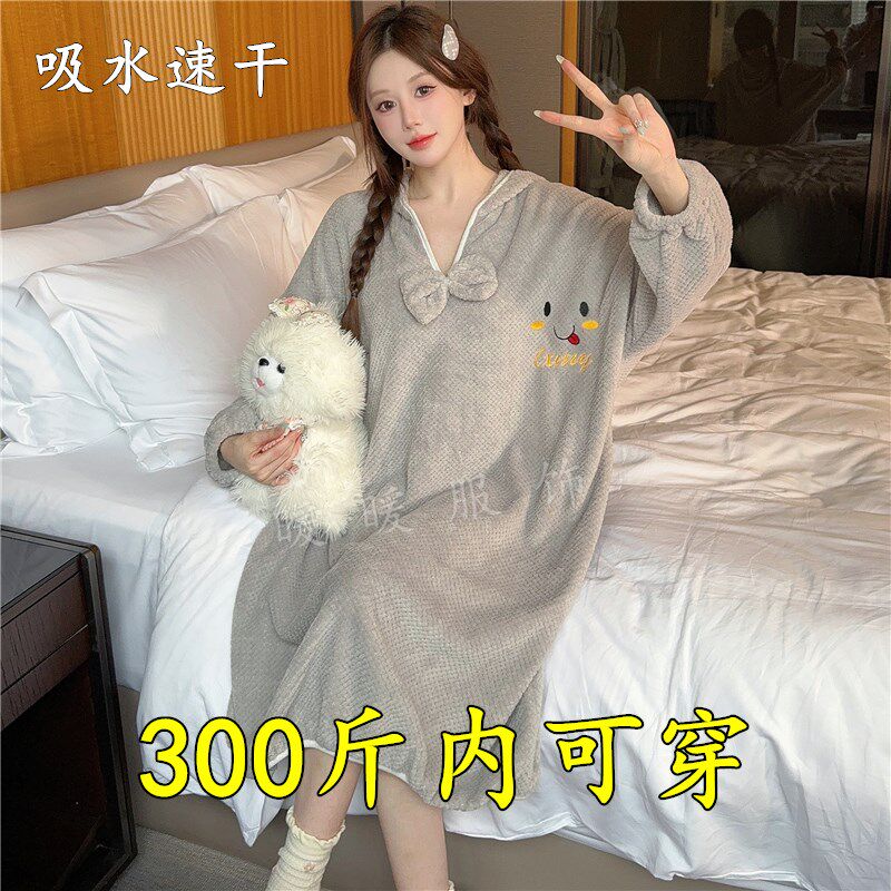 加肥大码b浴袍浴裙女士菠萝格纯棉吸水浴衣家用睡裙居家服洗浴浴