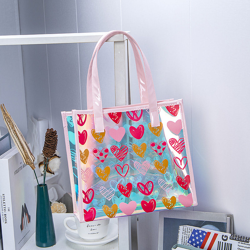 透明爱心炫彩镭射手提袋高颜值女