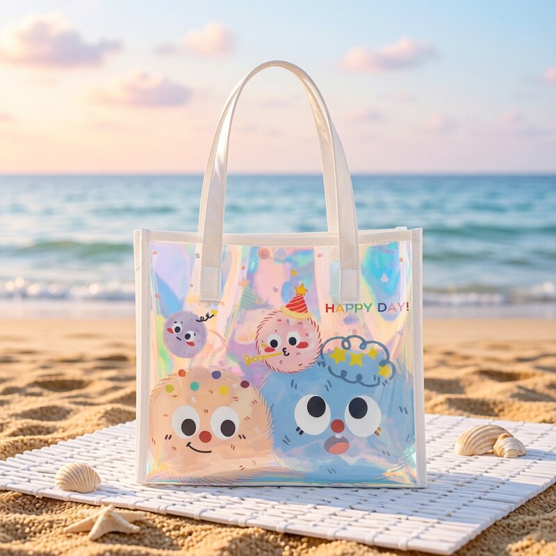 驴淘新款卡通可爱炫彩镭射包包透明手提袋女学生时尚包包PVC袋子