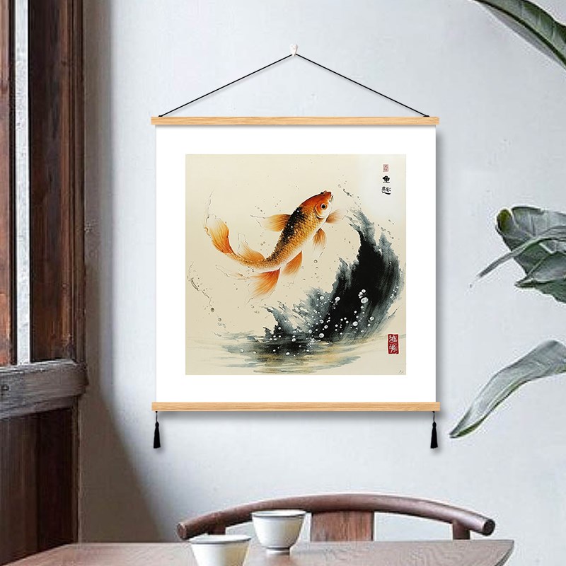 鲤鱼图新中式挂画布艺术水墨锦鲤好运客厅卧室餐厅V装饰画墙壁背图片
