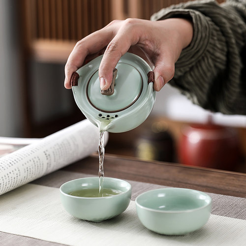 汝窑冰裂可开片快客杯一壶二杯带过虑网旅行便携功夫茶具小套装