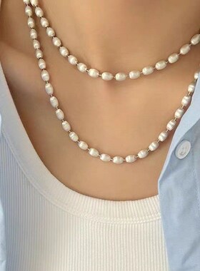 重工拉丝串珠项链女小众高级感轻奢银球叠戴锁骨链长款珍珠毛衣链