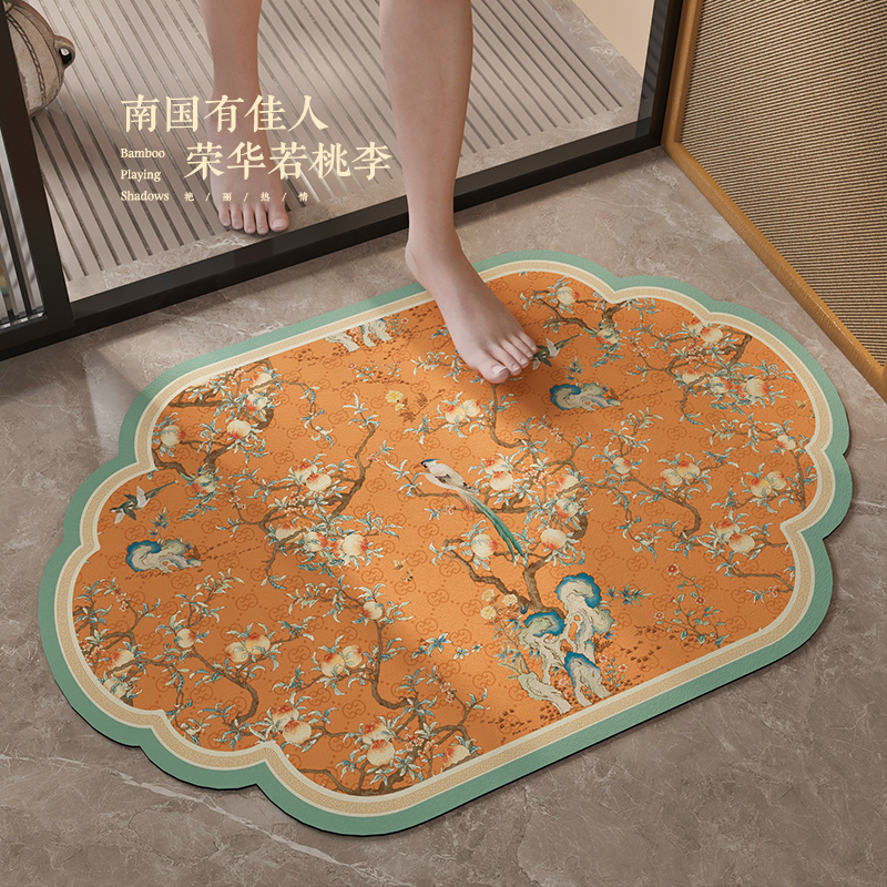 新中式浴室地垫卫生间吸水皮革防滑脚垫入户垫P厕所门口进门垫桃