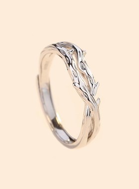 999纯银戒指连理枝情侣对戒一对男女款小众设计开口可刻字情人节