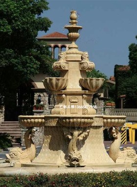 石雕喷泉 黄锈石动物喷泉 石雕喷水鱼喷水天鹅 园林广场小区