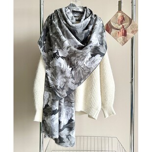 国风牡丹花仿羊絨围巾女秋冬新品大气油画感拉毛软糯大披肩潮