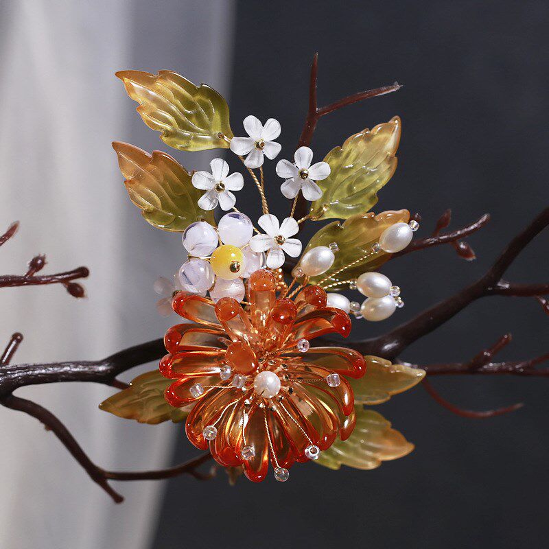 古风汉服发饰手工清新淡雅气质金盏花琉璃日常简约百搭发夹对夹边