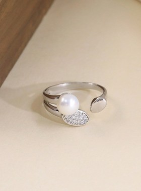珍珠DIY空托配件925银戒指女小众设计轻奢高级感开口可调节指环