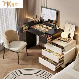 奶油风实木梳妆台可翻盖镜子卧室梳妆台斗柜镜子桌子一体梳妆台