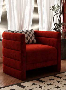 法式复古客厅家用单人沙发卧室红色布艺沙发美式单人椅阳台休闲椅