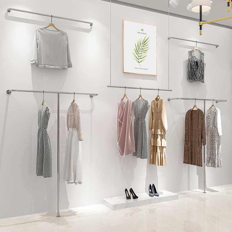 不锈钢服装店挂衣杆吊挂银色衣服展示架吊顶悬挂衣架子上墙北飞霞