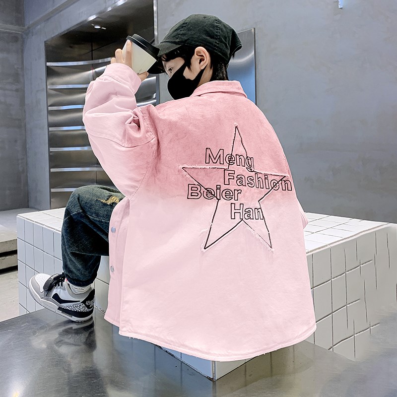男童牛仔衬衫春秋款2025新款洋气E扎染渐变刺绣衬衣外穿长袖上衣