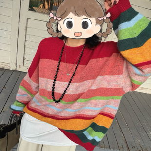 秋冬韩版软糯彩虹条纹圆领套头毛衣女宽松慵懒风针织衫上衣多巴胺