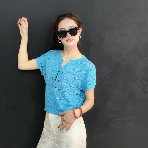 2026春夏新款韩版简约纯色V领短袖针织衫女宽松显瘦上衣多巴胺T恤
