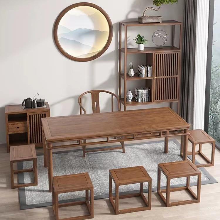 新中式胡桃木茶桌椅组合家用书房桌椅实木餐桌椅老榆木书房家具