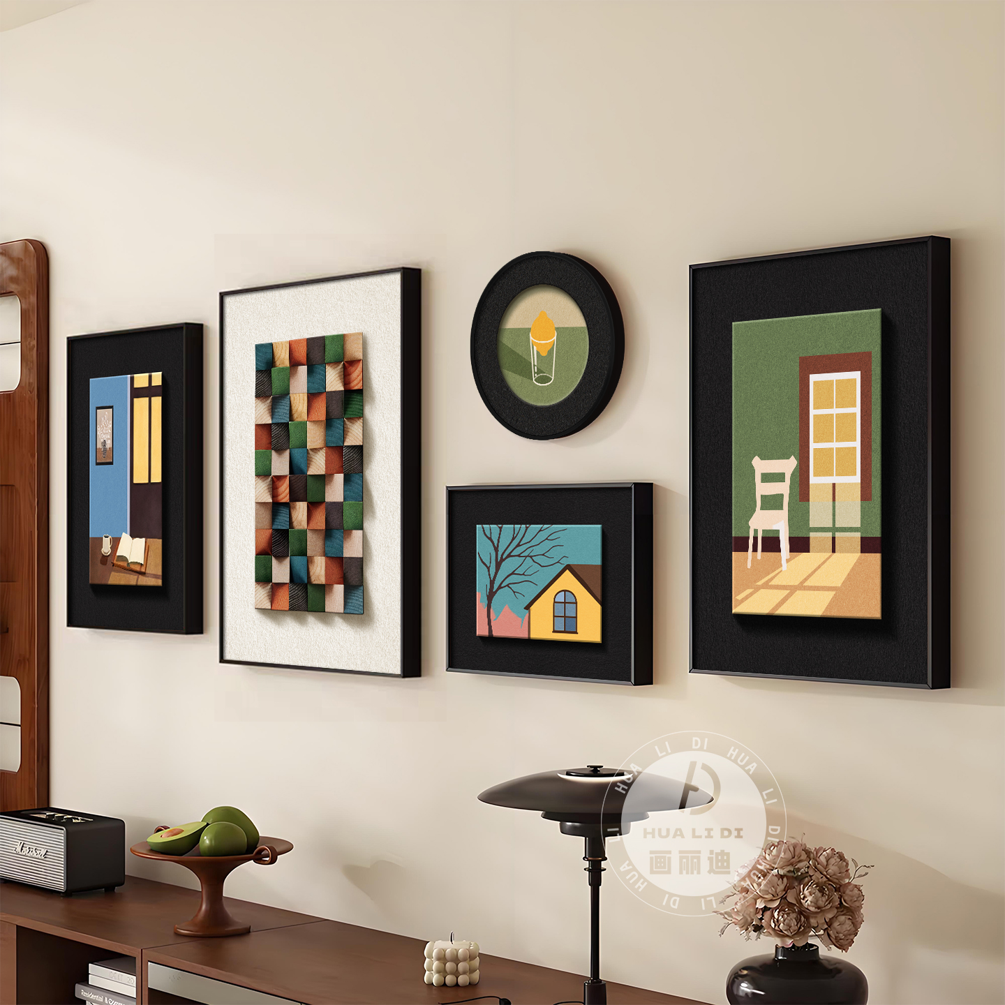 多巴胺中古风客厅装饰画法式彩色组合挂画意式极简沙发背景墙壁画