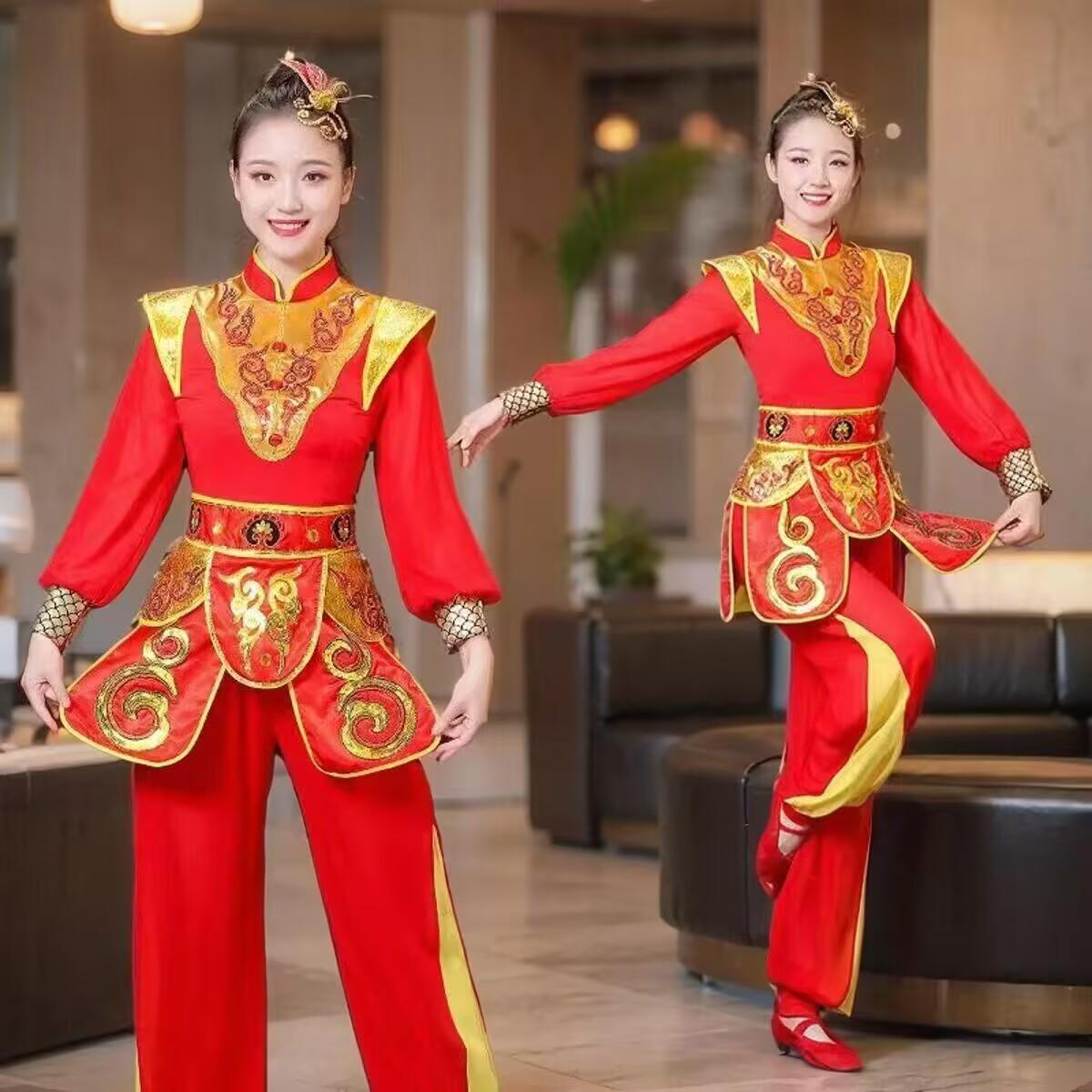 打鼓演出服装女红色喜庆中国威风锣鼓表演服开场扇子舞广场秧歌服