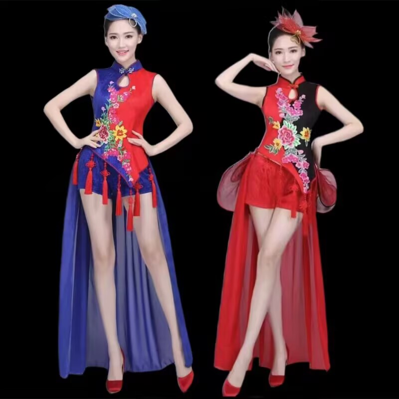 时尚古典民族风水鼓舞蹈服装演出成人女打鼓服拖尾裙现代新款春季