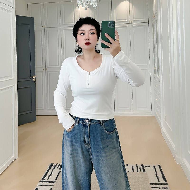 半开领纽扣正肩长袖t恤大码女装200斤胖mm休闲纯色修X身潮打底上