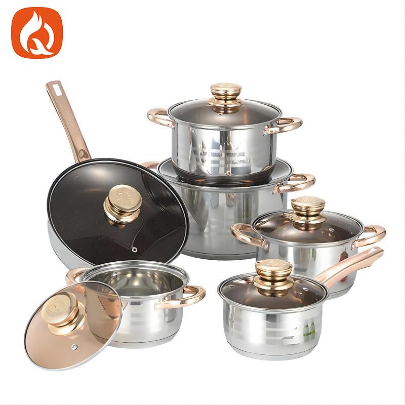 新款复底不锈钢锅具厨房简约煎炒锅汤锅奶锅带盖十二件套