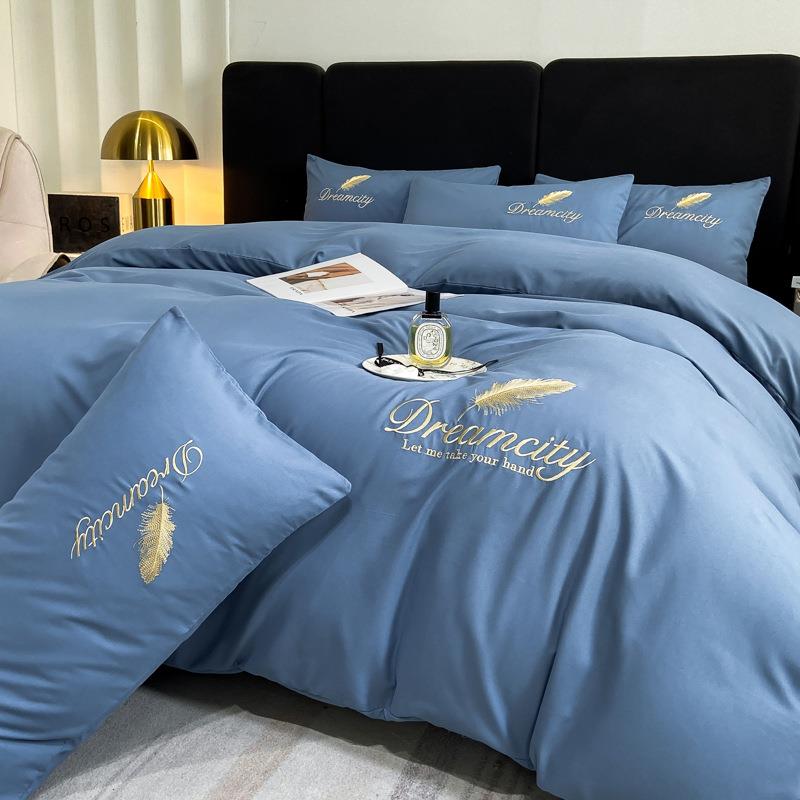 新款水洗棉磨毛四件套纯色刺绣加厚水洗棉被套床单纯棉三件套