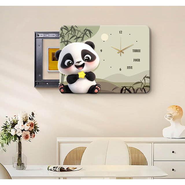 新中式创意卡通可爱熊猫电表箱装饰画现代简约带钟弱电箱配电箱