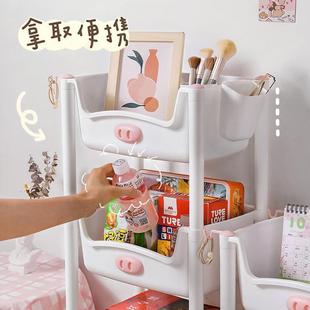 卡通小推车收纳架带滑轮多层小猪置物架可拆卸儿童玩具收纳筐书架