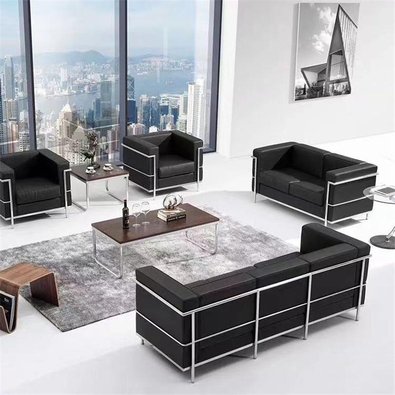 商务不锈钢办公沙发组合会客接待经典柯布西耶Lc2真西皮简约现代