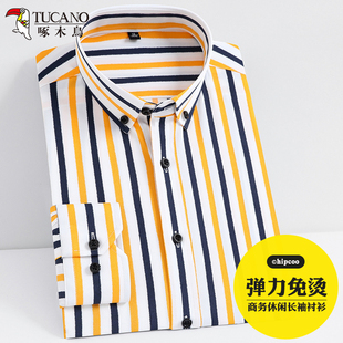 经典 休闲抗皱春夏潮款 条纹长袖 时尚 日常简约衬衣薄 衬衫 啄木鸟男士