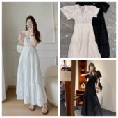 现货DOEN法式 重工绣花短袖 修腰长裙气质名媛小香风白色A字长裙子