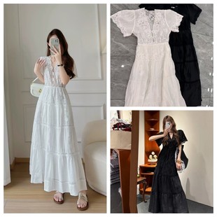 现货DOEN法式 修腰长裙气质名媛小香风白色A字长裙子 重工绣花短袖