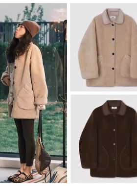 正品ethos仿皮毛一体羊羔绒羊毛大衣方领中长款环保皮毛外套