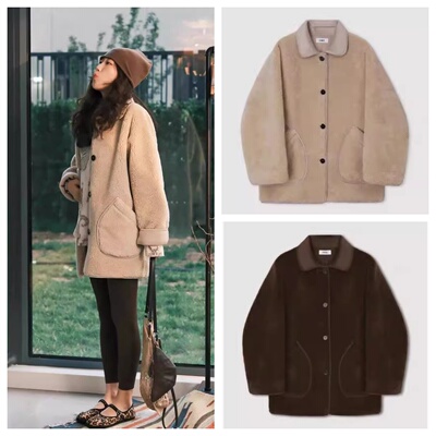 正品ethos仿皮毛一体羊羔绒羊毛大衣方领中长款环保皮毛外套