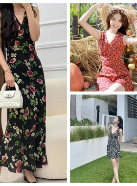 现货Realisation Par真丝低胸深V领连衣裙无袖修身印花度假风女