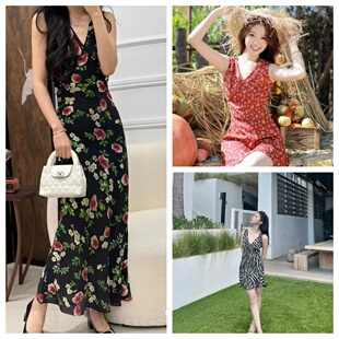 现货Realisation Par真丝低胸深V领连衣裙无袖修身印花度假风女