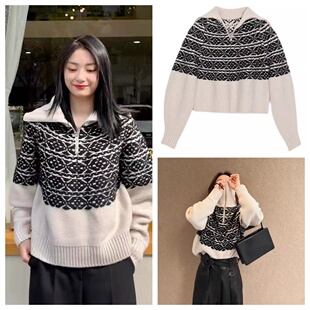 正品RECTO复古拼接提花高领翻领拉链针织衫毛衣女