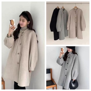 韩国正品egg2025冬季新款慵懒风圆领蝴蝶结系带灯笼袖羊毛绒大衣