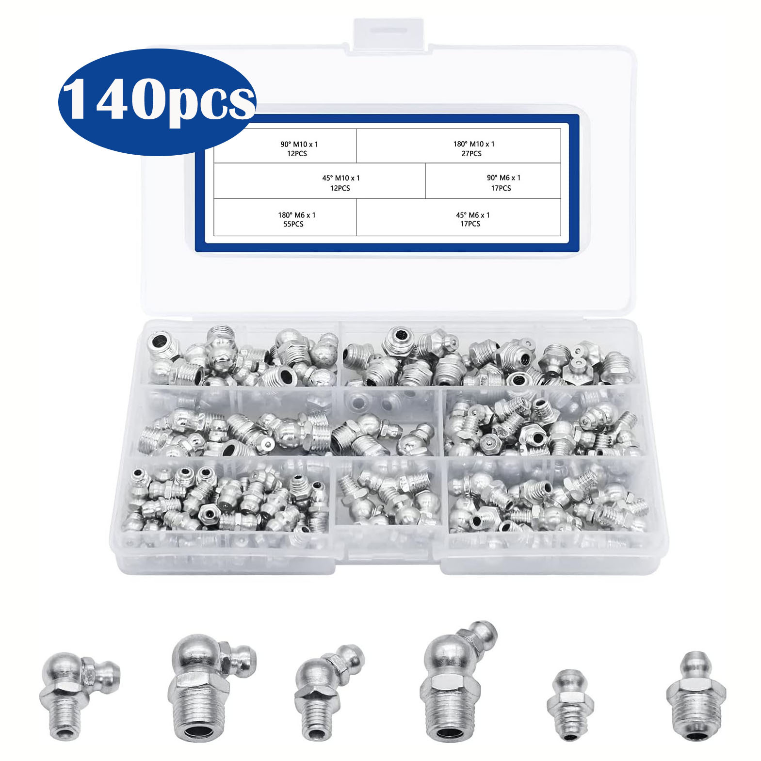 工厂直销铁镀镍黄油嘴套装140pcs60pcs45pcs汽车油嘴盒装M6M8M10