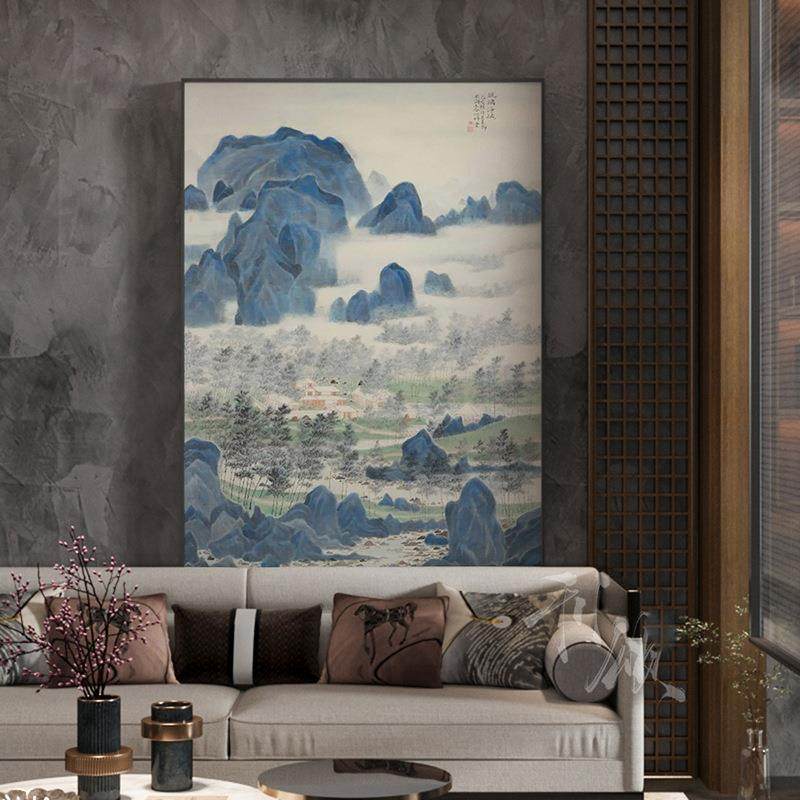 新中式蓝色山水风景国画卧室书房茶室古典客厅装饰画玄关壁画挂画