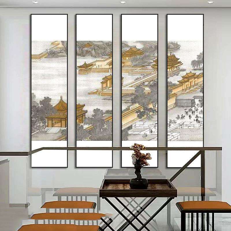 酒店大厅四联装饰画客厅四联装饰画棋牌室茶室书房壁画新中式