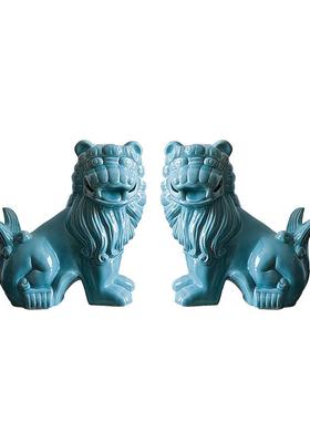 蓝色陶瓷狮子摆件工艺品新中式客厅书房家居软装饰品售楼处样板间