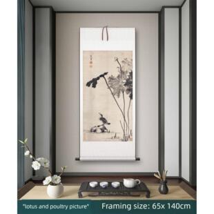 清朱耷《荷花水禽》客厅书房茶室装饰画挂画玄关水墨高清卷轴字画