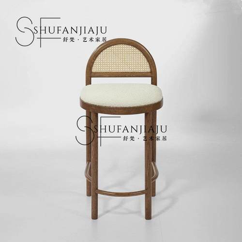 新款中古实木藤编酒吧椅现代简约家用高脚椅前台样板间岛台靠背椅