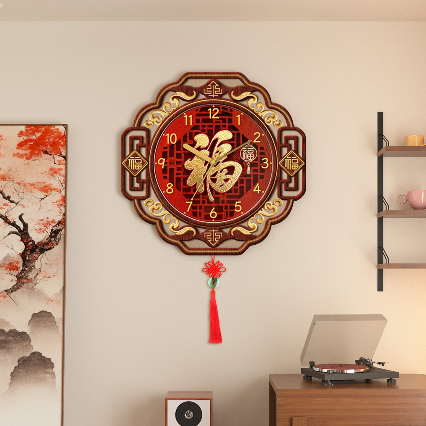 中式纳福装饰画钟表静音免打孔